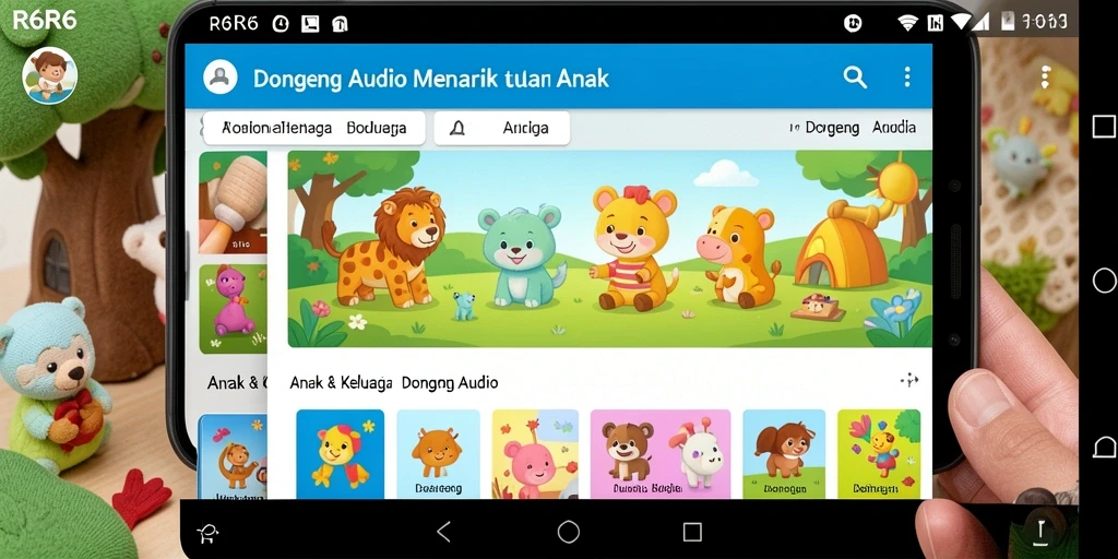 Antarmuka aplikasi R6R6 yang menarik untuk mendengarkan dongeng audio.